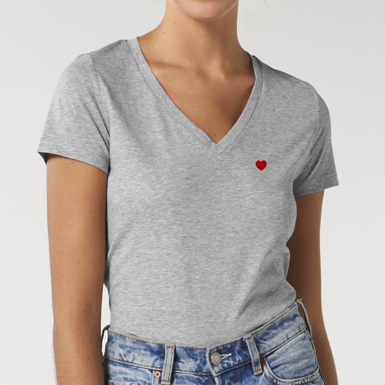 T-shirt col V - Cœur brodé - Femme